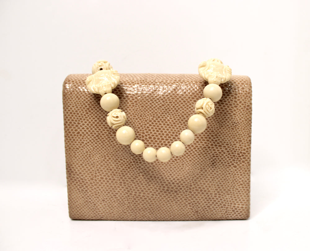 Tan Lizard Embossed Suede & Bone Bead Style Handbag circa 1960s