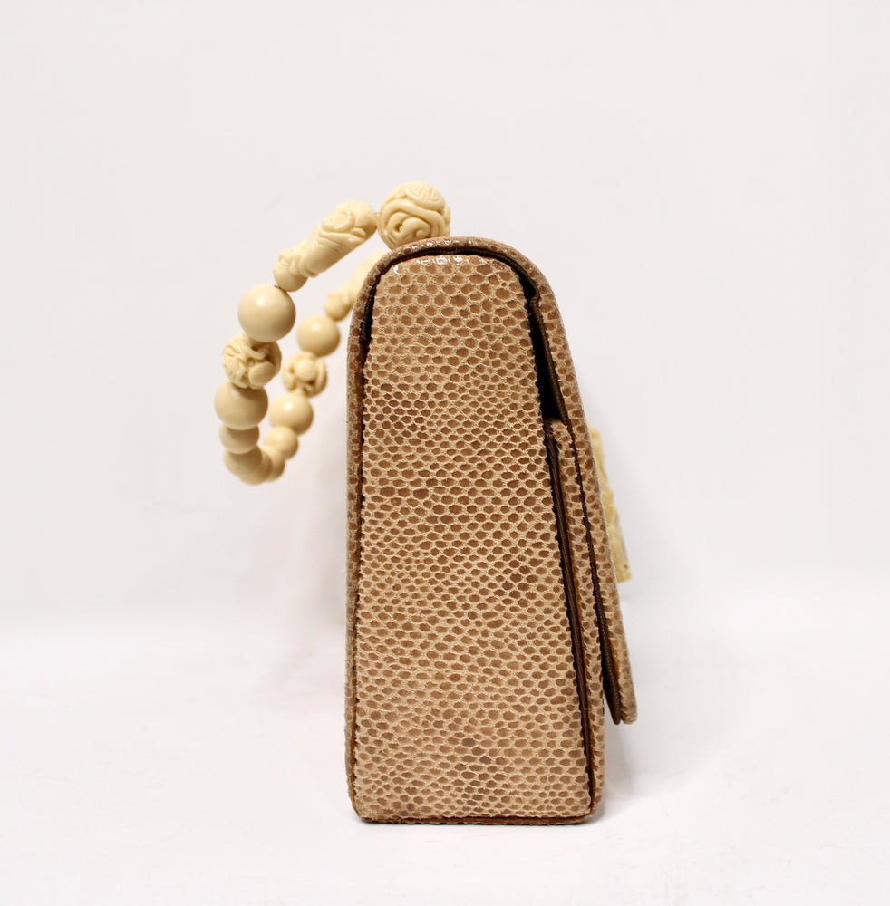 Tan Lizard Embossed Suede & Bone Bead Style Handbag circa 1960s