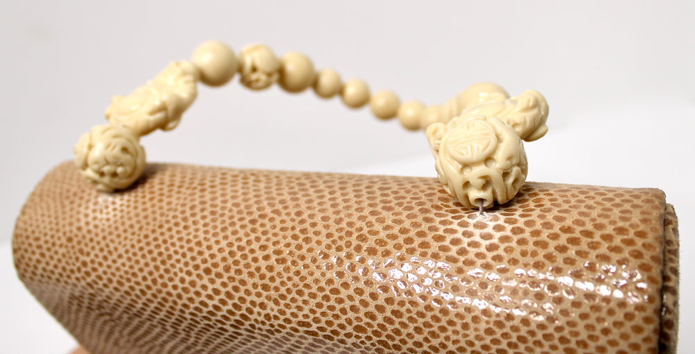 Tan Lizard Embossed Suede & Bone Bead Style Handbag circa 1960s