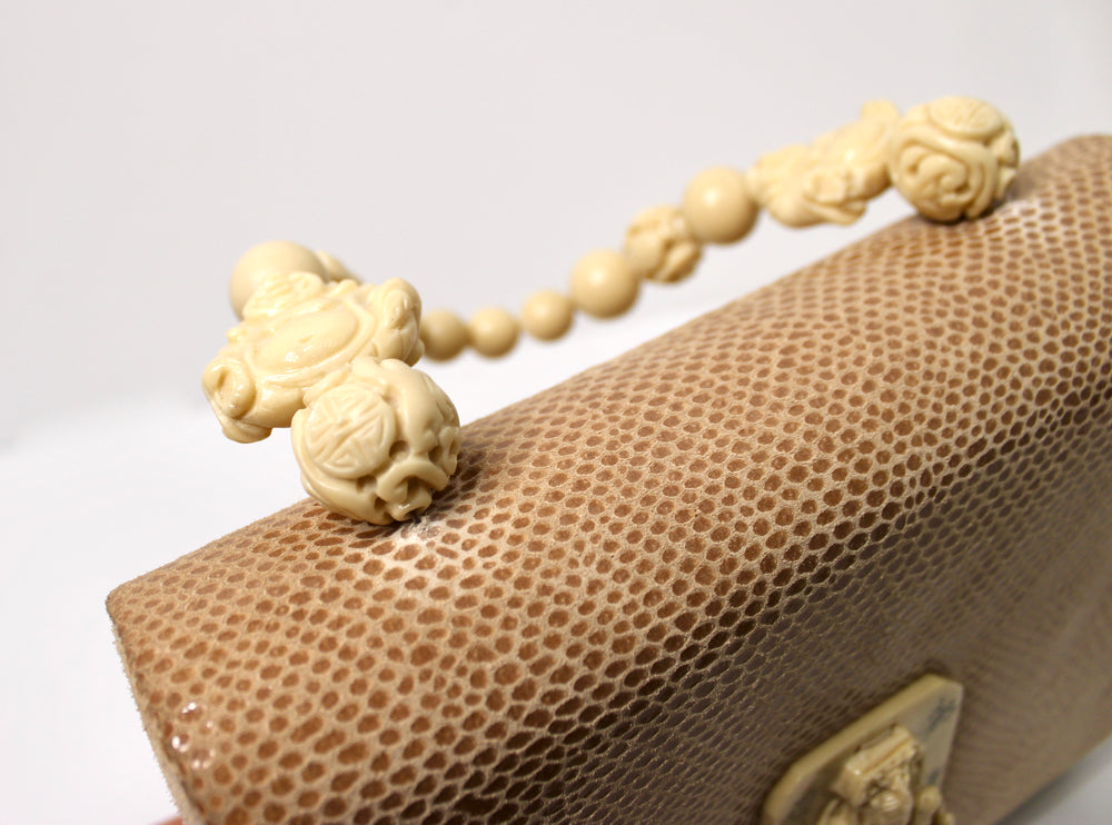 Tan Lizard Embossed Suede & Bone Bead Style Handbag circa 1960s
