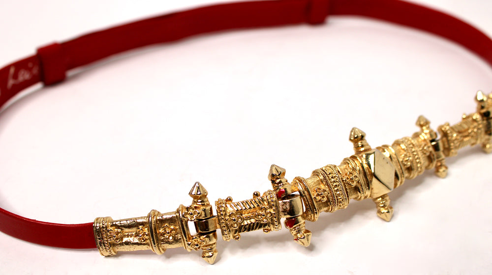 Judith Leiber Red Leather Gold-Tone Embellished Waist Belt circa 1990s