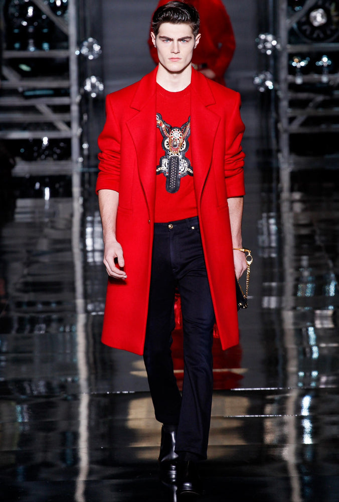 Versace 2014 Runway Red Cashmere Embellished Motorcycle Motif Crewneck Sweater