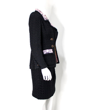 Chanel Black Tweed Houndstooth & Pink Print Jacket & Skirt Suit