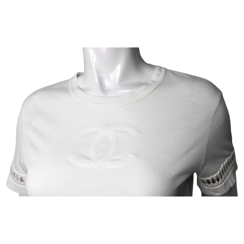 Chanel Coco Mark White Cotton Embroidered T-Shirt With Crochet