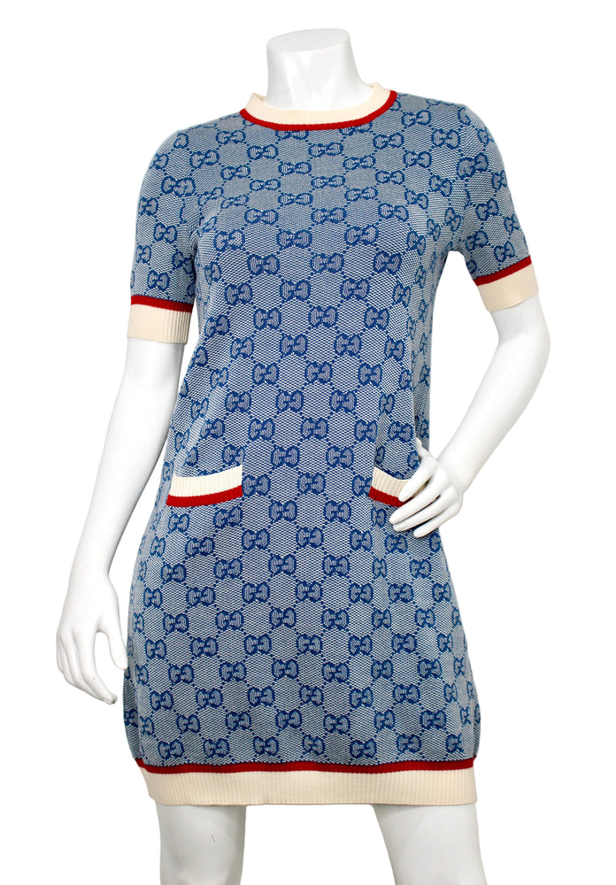 gucci knit dress Interlocking GG Jacquard Monogram Short Sleeve Wool circa 2019 size:8 Yrs 3% polyester model-parisg Kristen Formal Satin Cowl