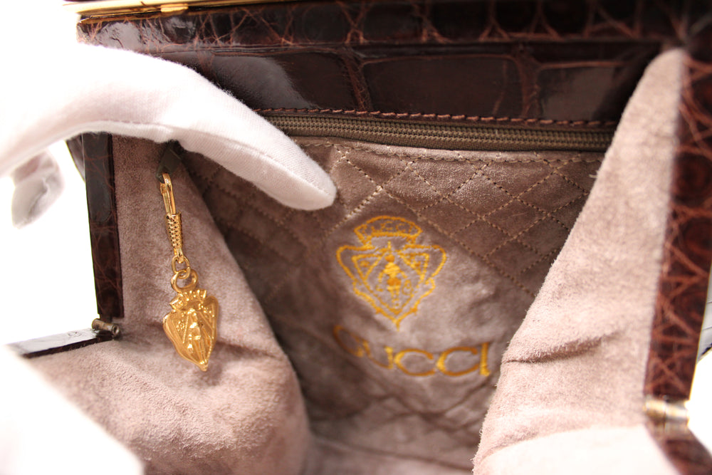 Gucci Brown Croc Embossed Leather Crossbody Clutch circa 1970s