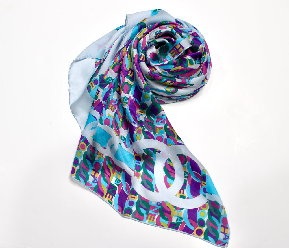 Chanel Blue Silk Multicolor Logo Print Scarf – Vintage by Misty