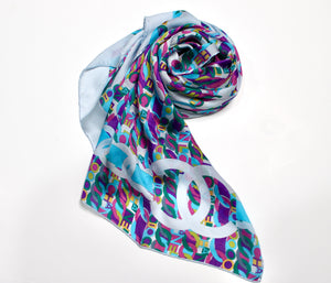 Chanel Blue Silk Multicolor Logo Print Scarf – Vintage by Misty