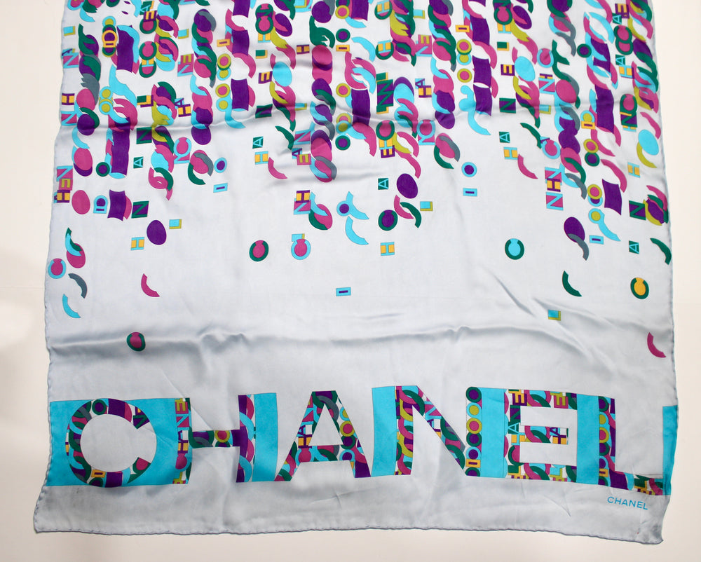 Chanel Blue Silk Multicolor Logo Print Scarf – Vintage by Misty