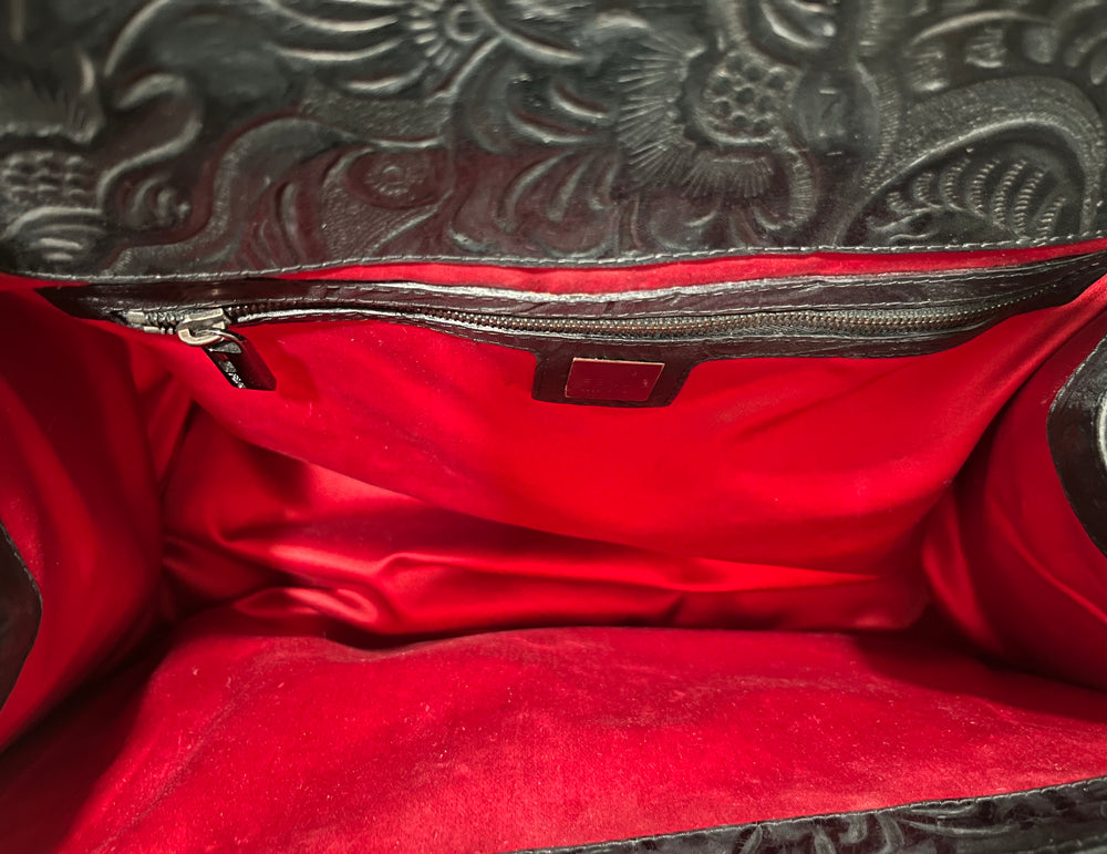 Fendi Floral Embossed Black Leather Top Handle Flapbag circa 1970s