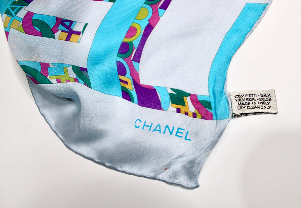 Chanel Blue Silk Multicolor Logo Print Scarf – Vintage by Misty