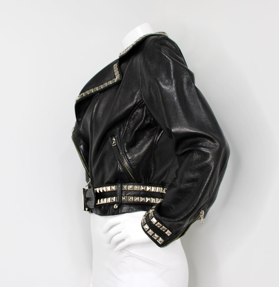 Moschino Cheap & Chic Peace Sign Studded Belted Black Leather