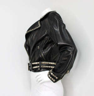 Moschino Cheap & Chic Peace Sign Studded Belted Black Leather