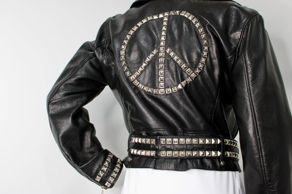 Moschino Cheap & Chic Peace Sign Studded Belted Black Leather