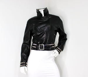 Moschino Cheap & Chic Peace Sign Studded Belted Black Leather