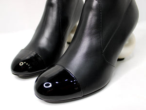 Chanel Black Lambskin & Patent Leather Mid-Calf Pearl Logo Heel