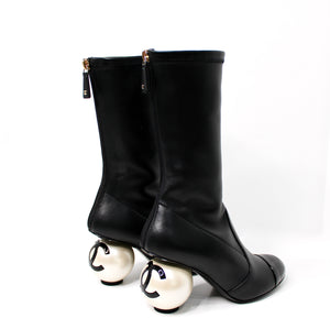 Chanel Black Lambskin & Patent Leather Mid-Calf Pearl Logo Heel