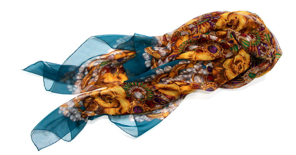 Chanel Camellia Croix Bijoux Gripoix Silk Print Scarf circa 1980s