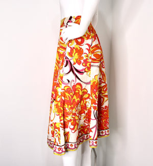 Emilio Pucci Orange & Yellow Print Pleated Midi Skirt circa 1960s