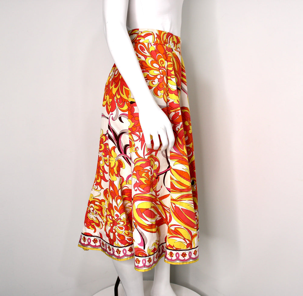 Emilio Pucci Orange & Yellow Print Pleated Midi Skirt circa 1960s