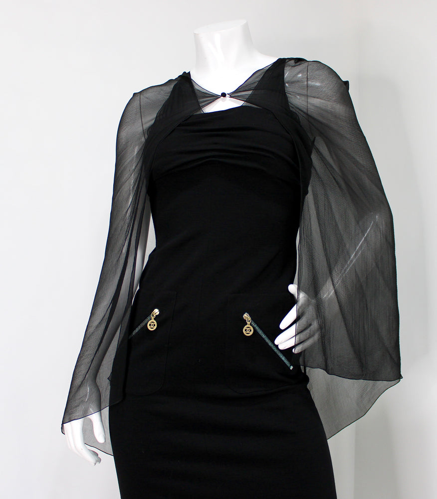 Chanel Black Sleeveless Coco Mark Zip Dress With Silk Cape circa