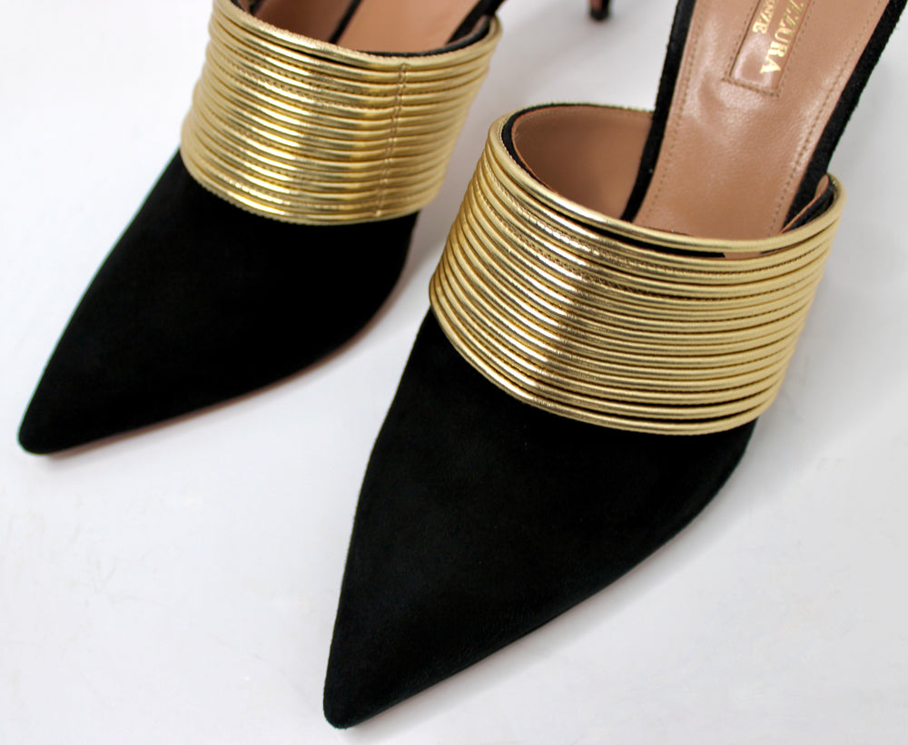 Aquazzura Rendez Vous Black Suede & Gold-Metallic Leather Mules