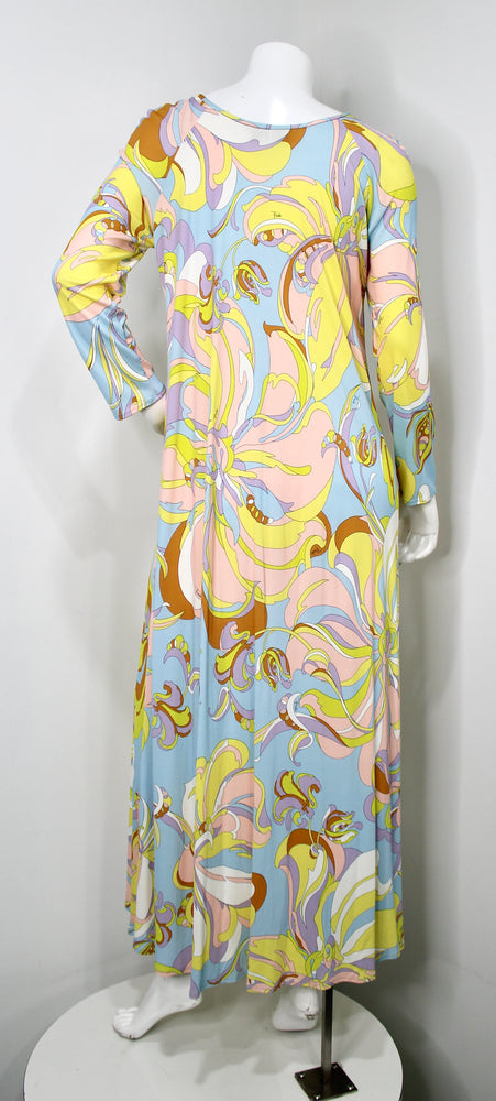 Emilio Pucci Blue Aruba Print Jersey Long-Sleeve Vintage Maxi Dress