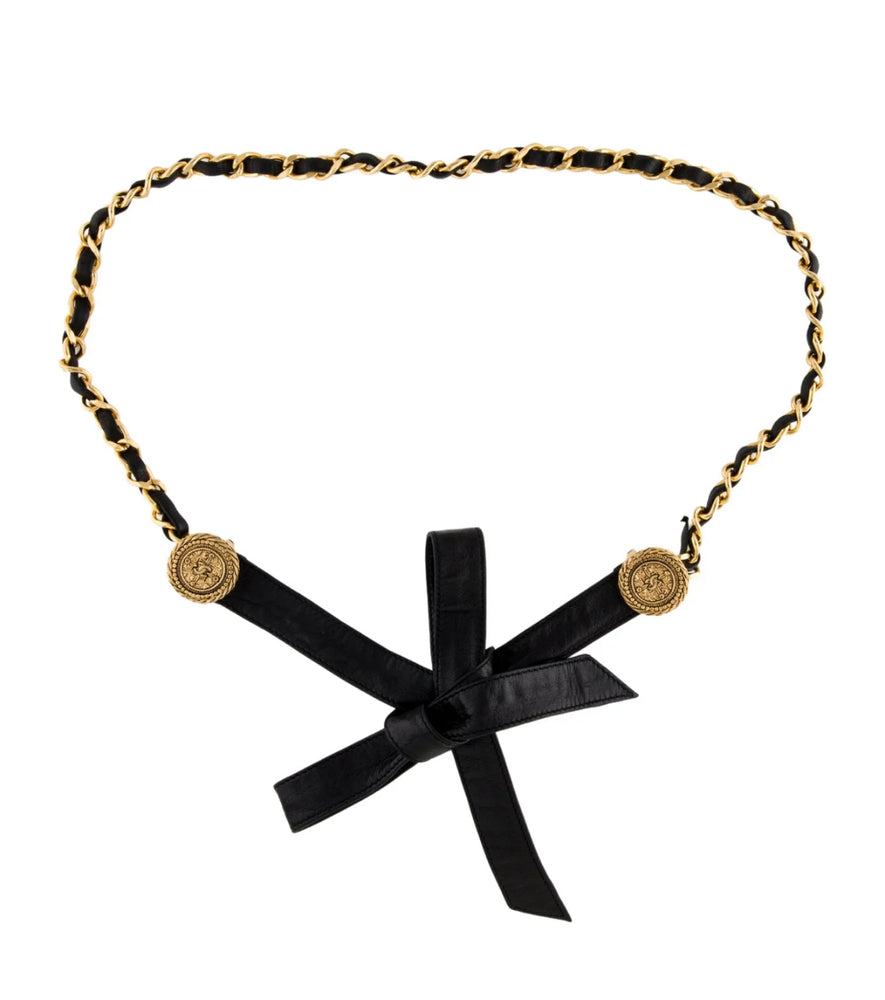 Chanel Black Leather & Gold-Tone Medallion Tie Waist Belt circa 1990s