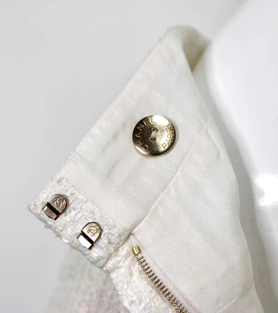 Chanel White Iridescent Tweed Wide Leg Trousers