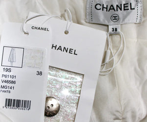 Chanel White Iridescent Tweed Wide Leg Trousers