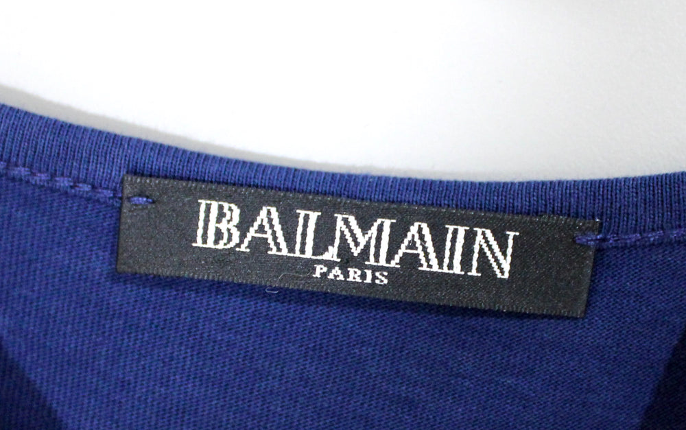 Balmain Paris Navy Blue Logo T-Shirt With Shoulder Medallions