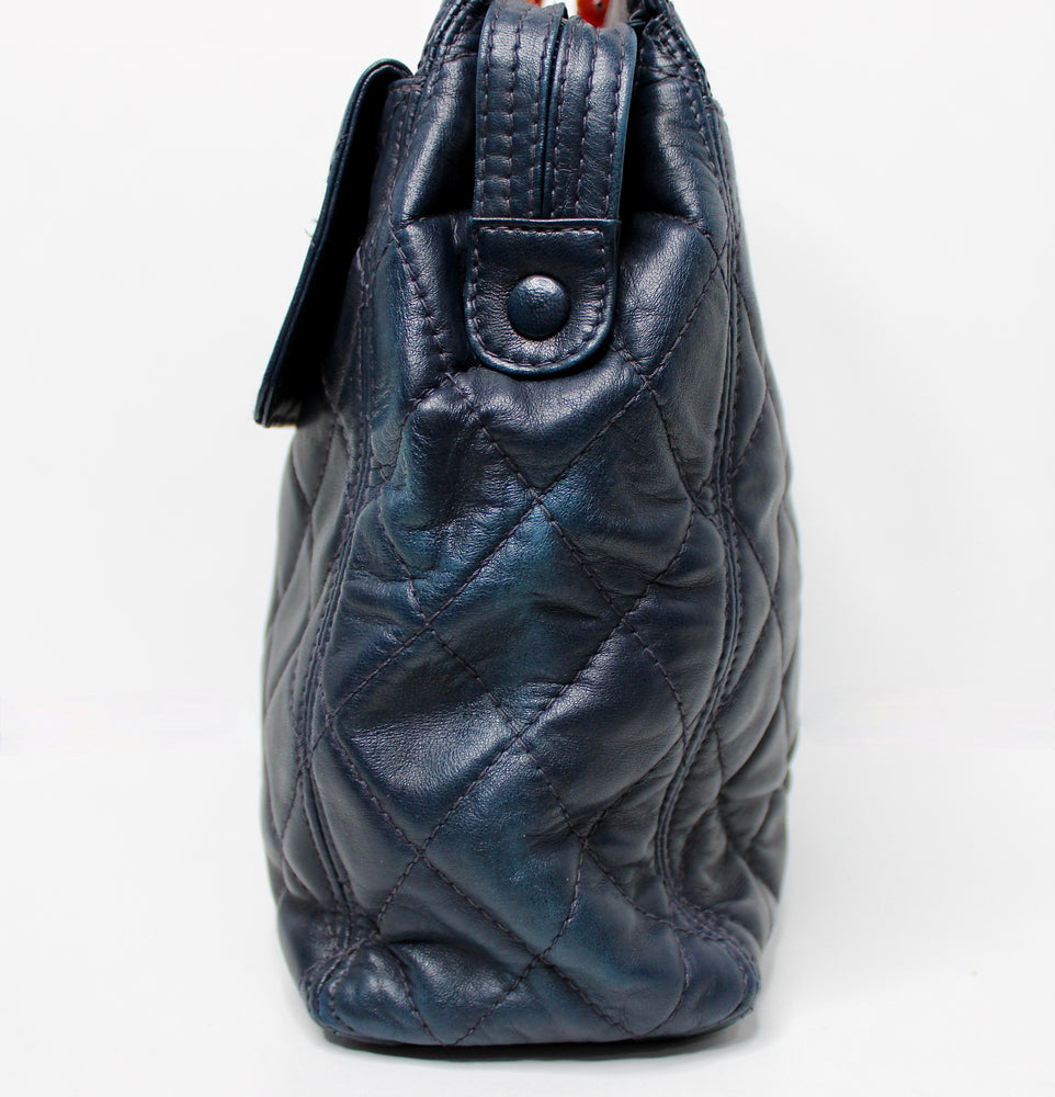 Chanel Navy Lambskin Quilted Leather Tortoise Top Handle Bag circa