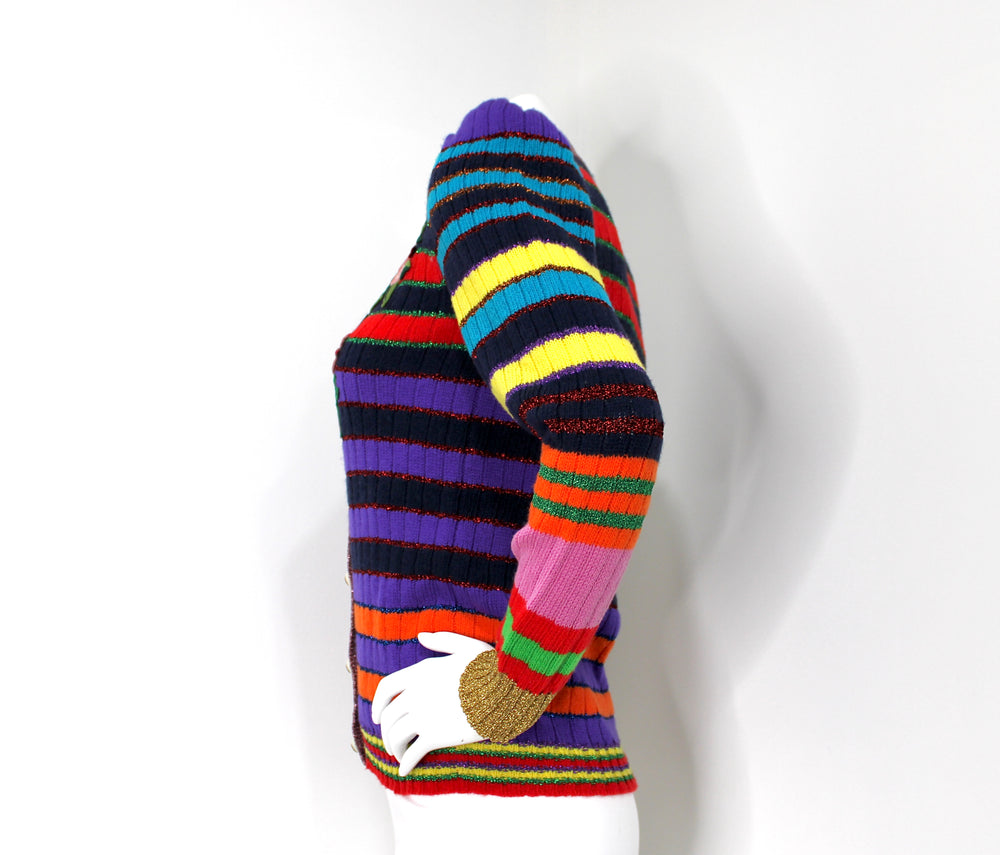 Gucci Multi-color Striped Floral Applique Knit Cardigan