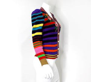 Gucci Multi-color Striped Floral Applique Knit Cardigan
