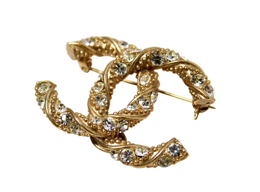 Chanel Gold-Tone Crystal Studded Interlocking CC Brooch circa 2009