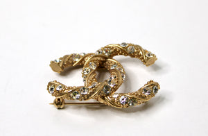 Chanel Gold-Tone Crystal Studded Interlocking CC Brooch circa 2009