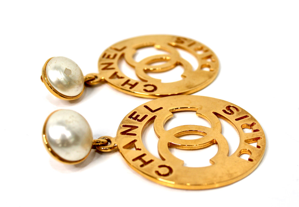 Chanel Costume Pearl Gold-Tone CC Cut-Out Clip-On Earrings
