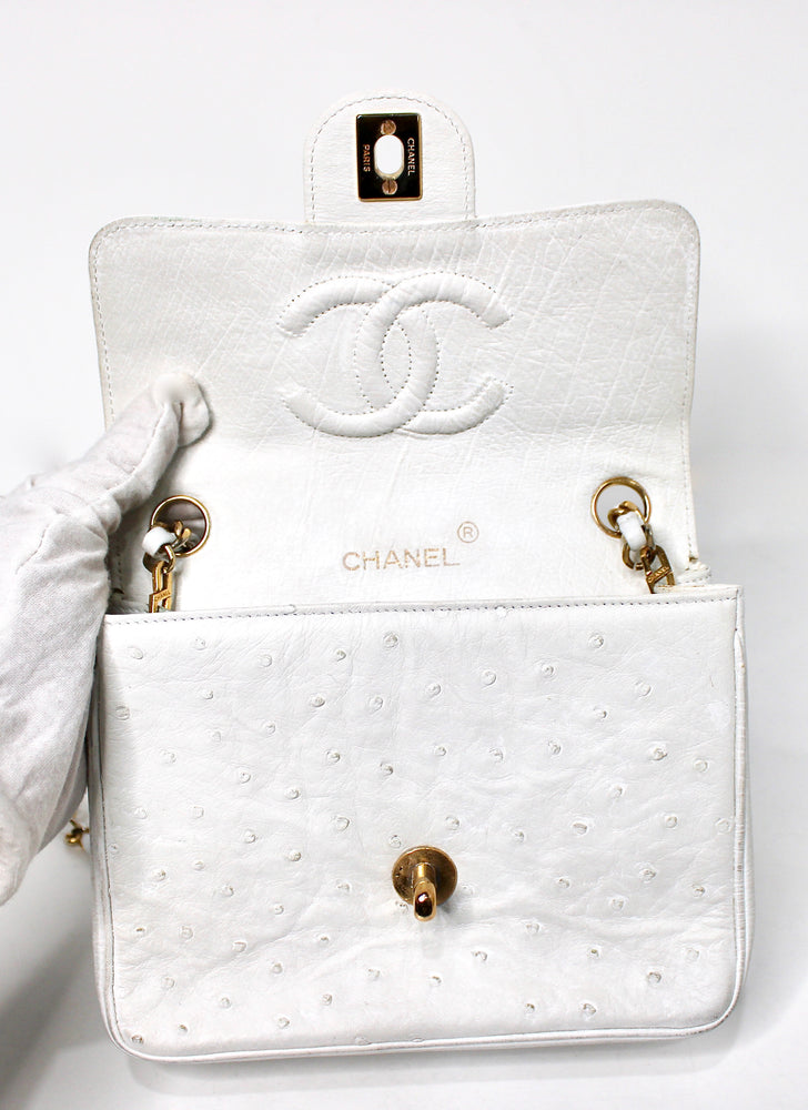 Chanel White Ostrich Leather Mini Flap Bag circa 1980s