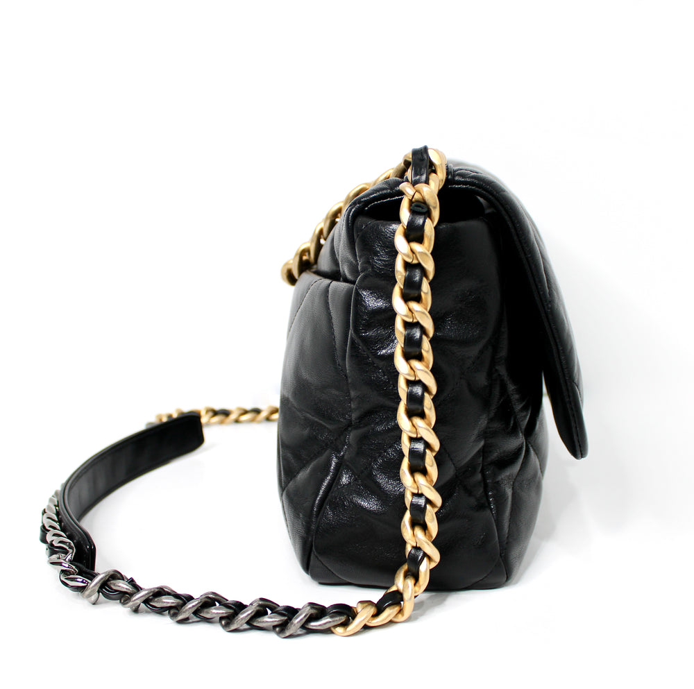 Chanel Large 19 Black Quilted Shiny Lambskin Handbag