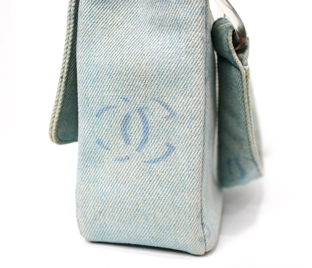 Chanel Light Wash Denim Interlocking CC Printed Flap Bag circa Y2K