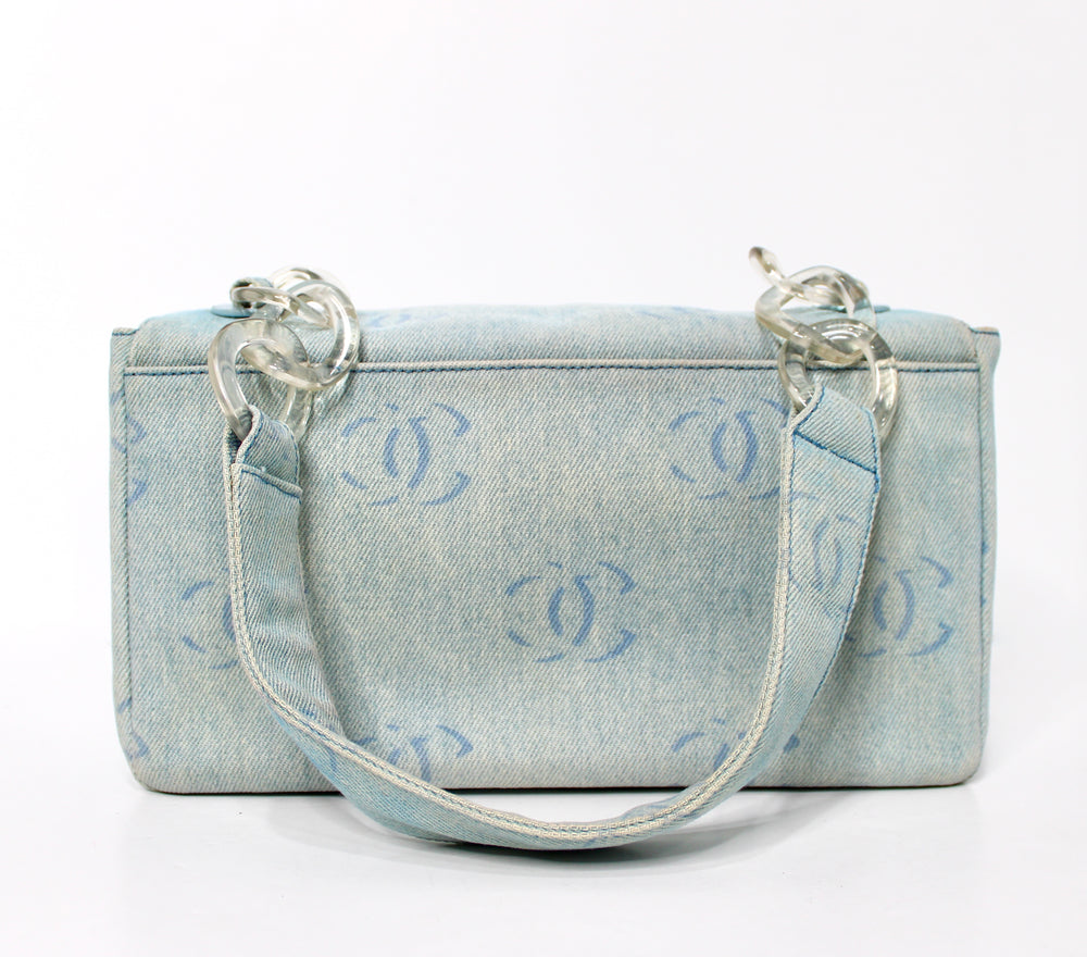 Chanel Light Wash Denim Interlocking CC Printed Flap Bag circa Y2K