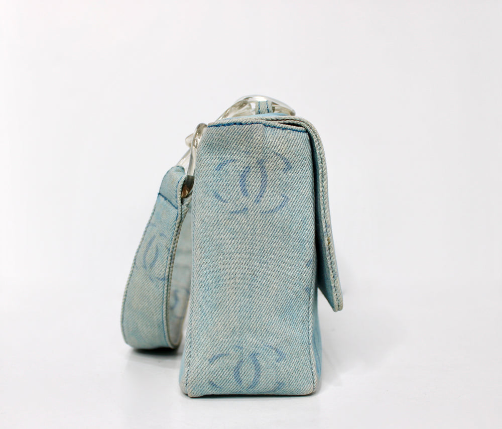 Chanel Light Wash Denim Interlocking CC Printed Flap Bag circa Y2K