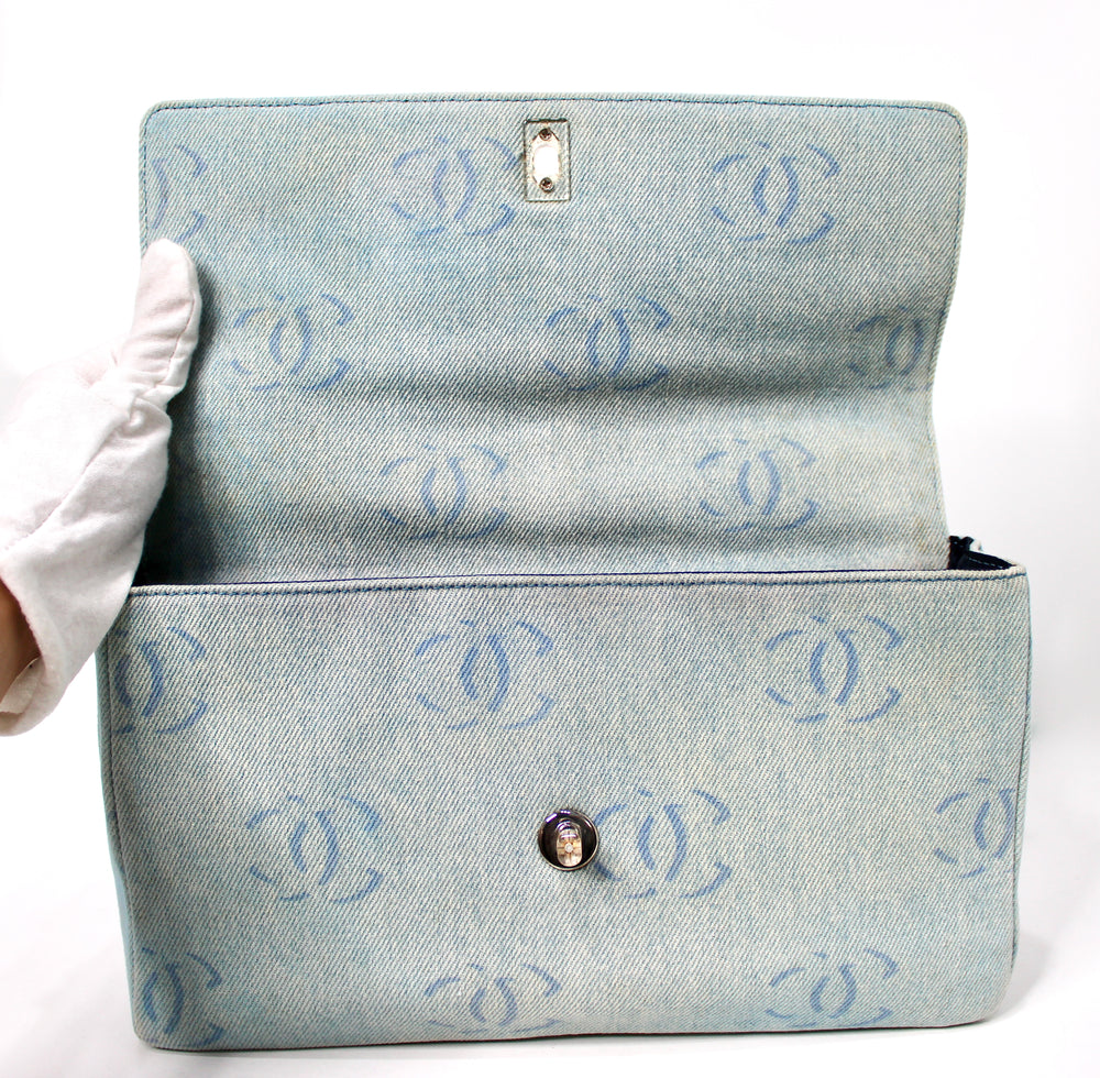 Chanel Light Wash Denim Interlocking CC Printed Flap Bag circa Y2K