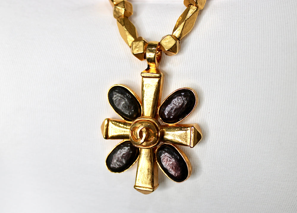 Chanel Brown Gripoix Coco Mark Cross Motif Pendant Necklace circa 1997