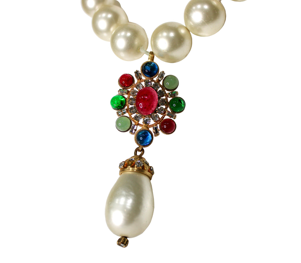 Chanel Crystal Gripoix Large Costume Pearl Pendant Necklace circa 1970s