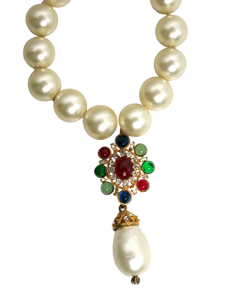 Chanel Crystal Gripoix Large Costume Pearl Pendant Necklace circa 1970s
