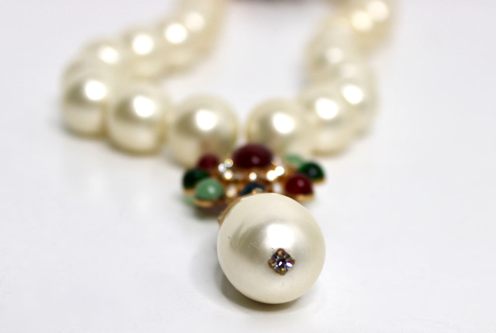 Chanel Crystal Gripoix Large Costume Pearl Pendant Necklace circa 1970s