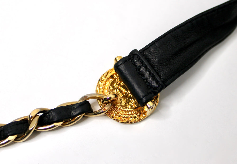 Chanel Black Leather & Gold-Tone Medallion Tie Waist Belt circa 1990s