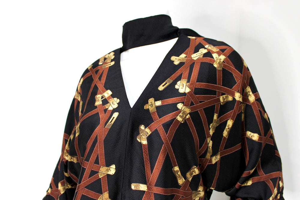 Hermes Black Silk Print Dress With Neck Tie circa 1990s