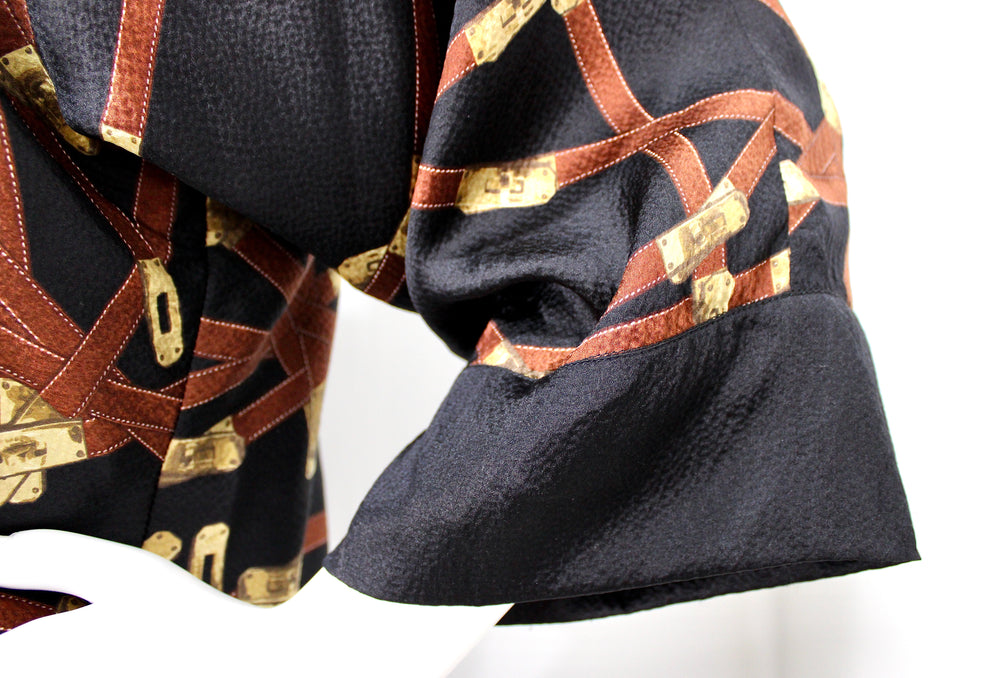 Hermes Black Silk Print Dress With Neck Tie circa 1990s